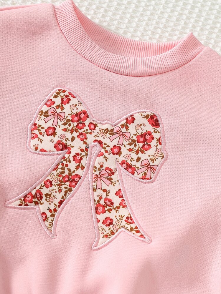 Cozy Pixies Baby Girl Pattern Bow Pattern Floral Print Knit Soft Round Neck Long Sleeve Pullover Sweatshirt Elastic Waist Long Autumn Winter Pants 2pcs -Piece Set - Pink - View 4