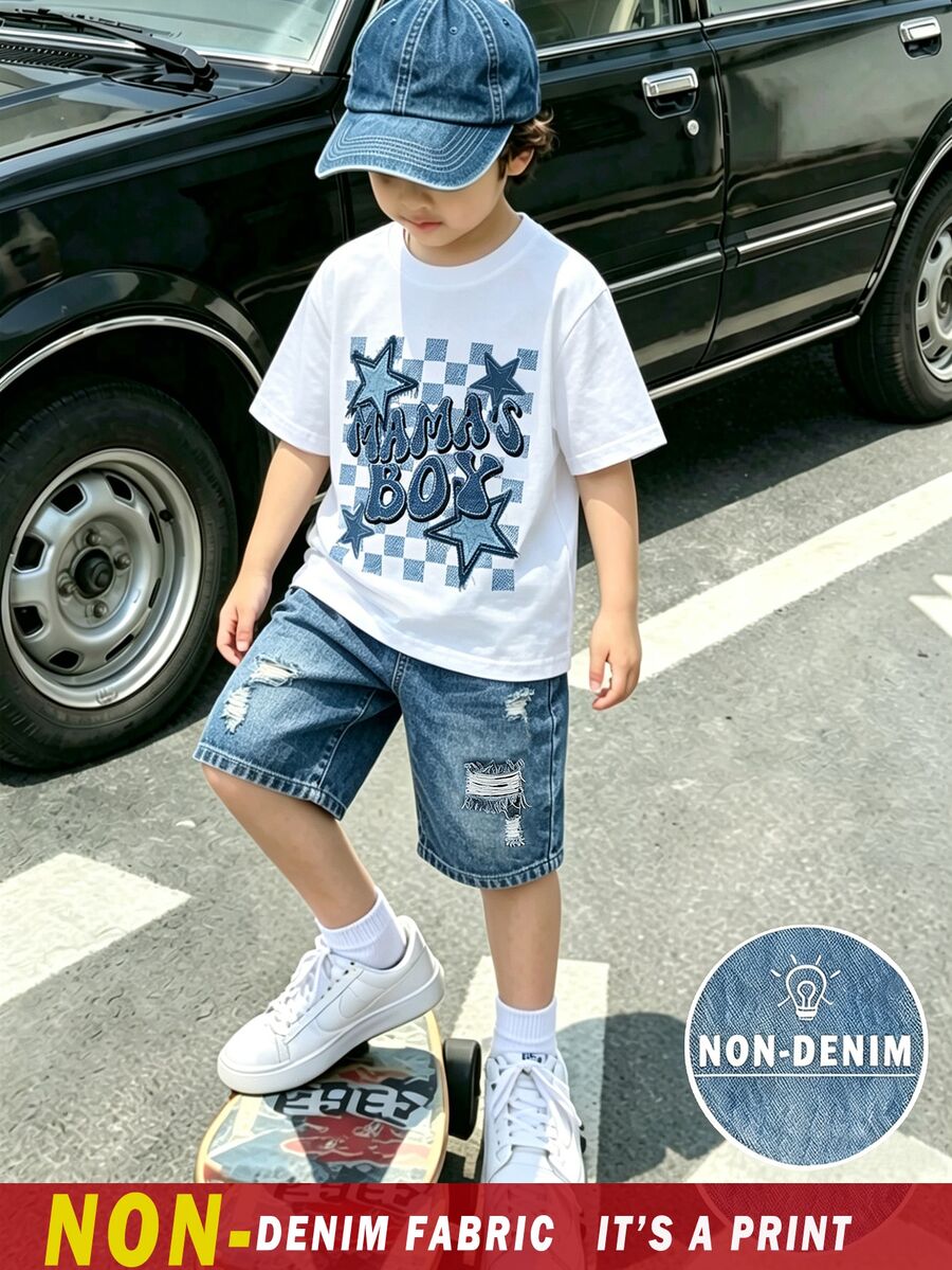 Tween Boy Round Neck Letter Print Short Sleeve T-Shirt And Shorts Casual Daily Set,Casual Outfits For And Back To School Gatherings - Multicolor - View 1