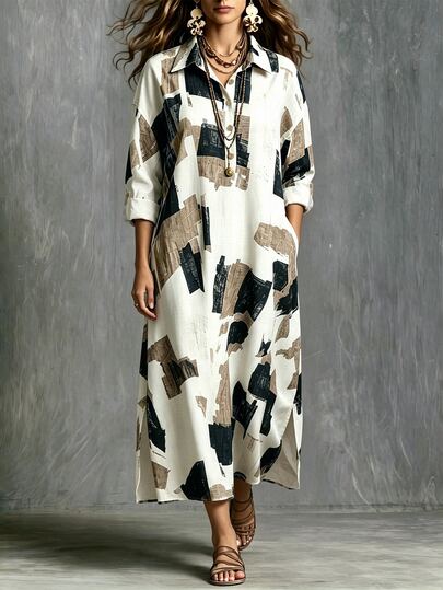 SHEIN Vestido largo ajustado con cuello de camisa, estilo de vacaciones elegante y de moda con estampado, adecuado para uso diario, simple y cotidiano, para mujer, primavera/otoño