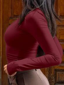 INAWLY 女款純色圓領長袖簡約T恤，休閒日常穿著，秋季女裝，日常白天穿搭，酒紅色 - 酒紅色 - 查看 3