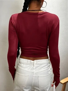 INAWLY 女款純色圓領長袖簡約T恤，休閒日常穿著，秋季女裝，日常白天穿搭，酒紅色 - 酒紅色 - 查看 2
