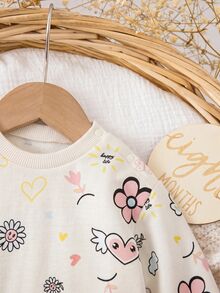 SHEIN 兒童新生兒塗鴉花卉印花肩扣抓絨加厚上衣休閒百搭內搭長褲套裝，適合冬季嬰兒 - 杏色 - 查看 4