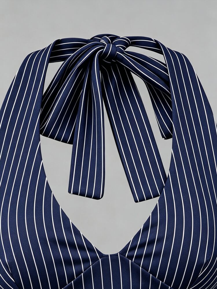 SHEIN Casual Minimalist Retro Elegant Commute Versatile Cozy Navy Blue Striped, Beach, Vacation, Women Summer, Women Halter Top, Summer Top - Multicolor - View 6