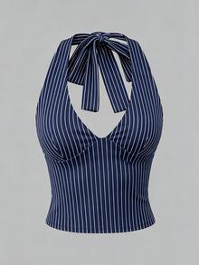 SHEIN 休閒極簡復古優雅通勤百搭舒適深藍條紋，海灘，度假，女款夏季，女款掛脖上衣，夏季上衣 - 彩色 - 查看 4