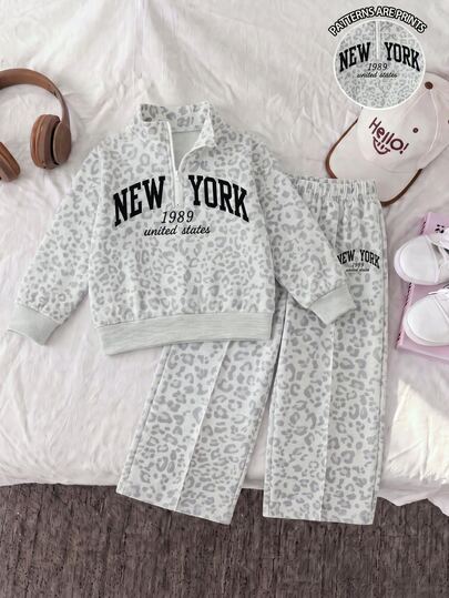 Baby Girls 2pcs Set Fashion Casual Leopard Print Letter Print Stand Collar Zip-Up Long Sleeve Sweatshirt Top Leopard Print Letter Print Wide Leg Pants Long Pants Set Soft Fabric Suitable For Outings Autumn/Winter