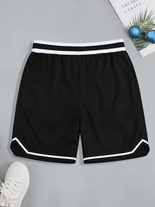 男士夏季休閒拼色條紋短褲，度假風 - 黑色 - 查看 2