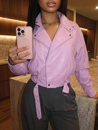 Slaydiva Women Belted Faux Leather Cropped Jacket Stand Collar Asymmetric Button Oversized Moto Coat Pink Jacket Y2K Streetwear Fall Winter Casual Outerwear