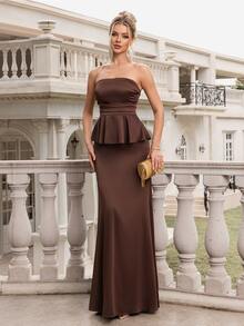 Poshira Women's Elegant Solid Color Strapless Cocktail Dress - Brown - View 2