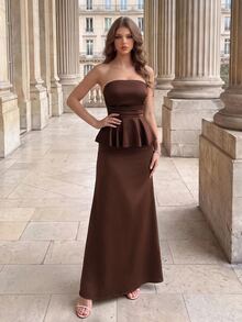 Poshira Women's Elegant Solid Color Strapless Cocktail Dress - Brown - View 8
