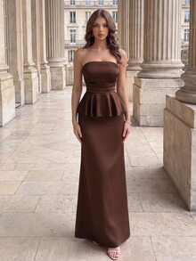 Poshira Women's Elegant Solid Color Strapless Cocktail Dress - Brown - View 4