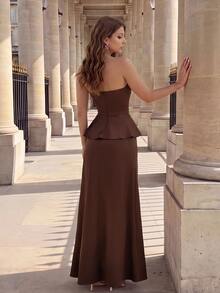 Poshira Women's Elegant Solid Color Strapless Cocktail Dress - Brown - View 10