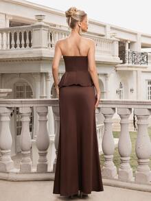 Poshira Women's Elegant Solid Color Strapless Cocktail Dress - Brown - View 3