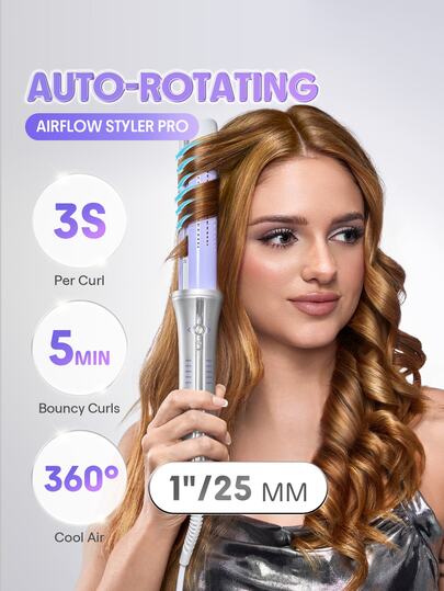 SHEGLAM HAIR One Touch Airflow Styler Pro, Alat Pengeriting Rambut Otomatis Berputar 25mm, Pengeriting Rambut Otomatis, Penataan Cepat 5 Menit & Aliran Udara Pendingin 360°, Pengoperasian Sekali Sentuh, Hasil Tahan Lama, 5 Suhu & Anti-Luka Bakar, Mati Otomatis & Tegangan Universal untuk Rambut Sedang & Panjang & Semua Jenis Rambut