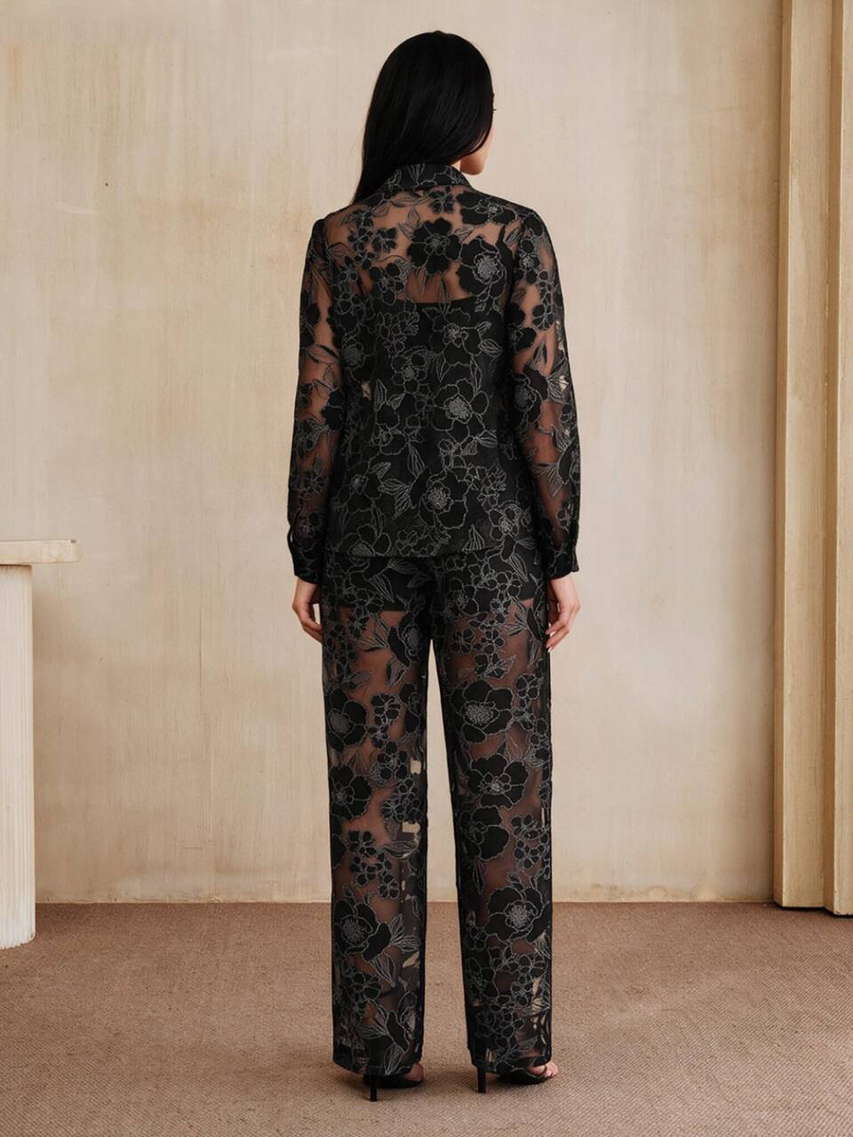 Anewsta Modern Vintage Style Semi-Sheer Floral Loose Long Pants With Long Sleeve Top, Women's 2-Piece Set For Commute And Office Wear, Autumn Outfits For Women, Casual Sets For Women, Holiday Outfits