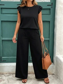 Reflora Casual Smart Casual Vacation Black Fabric Plus Size Round Neck Ruffle Short Sleeve Loose Pants Two Pieces Set Suitable For Summer Black Set Vacation - Black - View 7