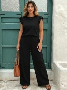 Reflora Casual Smart Casual Vacation Black Fabric Plus Size Round Neck Ruffle Short Sleeve Loose Pants Two Pieces Set Suitable For Summer Black Set Vacation - Black - View 6
