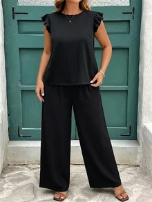 Reflora Casual Smart Casual Vacation Black Fabric Plus Size Round Neck Ruffle Short Sleeve Loose Pants Two Pieces Set Suitable For Summer Black Set Vacation - Black - View 4