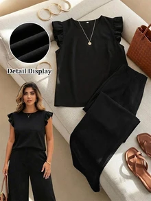 Reflora Casual Smart Casual Vacation Black Fabric Plus Size Round Neck Ruffle Short Sleeve Loose Pants Two Pieces Set Suitable For Summer Black Set Vacation - Black - View 8