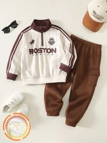 SHEIN Kids Young Boy Letter Pattern Knit Soft Crew Neck Long Sleeve Half-Zip Pullover Sweatshirt And Elastic Waist Long Pants 2 Pieces Set - Multicolor - View 3