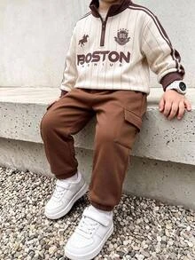 SHEIN Kids Young Boy Letter Pattern Knit Soft Crew Neck Long Sleeve Half-Zip Pullover Sweatshirt And Elastic Waist Long Pants 2 Pieces Set - Multicolor - View 1