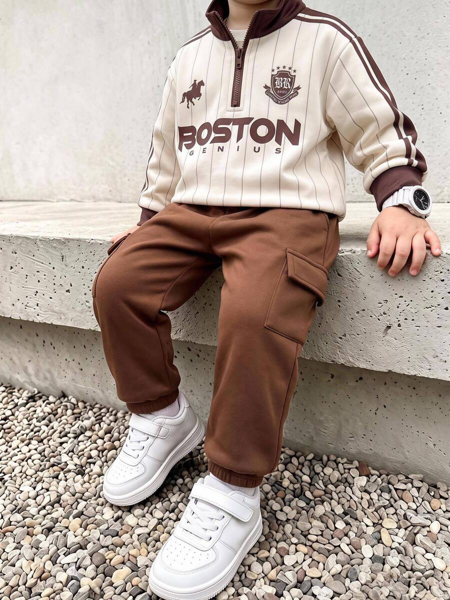 SHEIN Kids Young Boy Letter Pattern Knit Soft Crew Neck Long Sleeve Half-Zip Pullover Sweatshirt And Elastic Waist Long Pants 2 Pieces Set - Multicolor - View 1