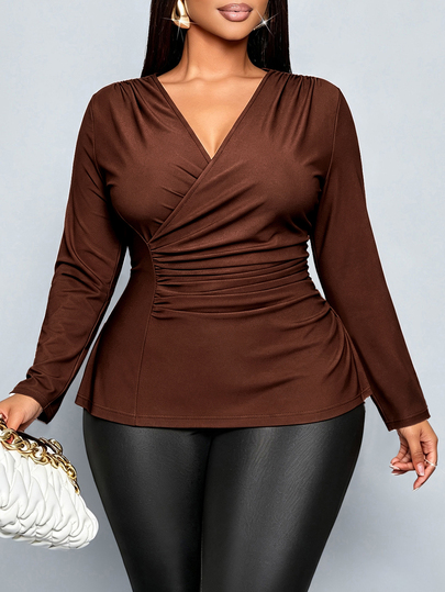 SOLERSUN Plus Size Women's Fashion Solid Color Shiny Fabric Cross Wrap V-Neck Long Sleeve T-Shirt, Slim Fit Side Ruched Shiny Brown Knit Top, Elegant Blouse Suitable For Night Out, Work And Daily Wear, Old Money, Quiet Luxury, Casual Comfortable, Music Festival, Party, Date, Wedding Season, Graceful Fairy-Like, Autumn/Winter New, All Season