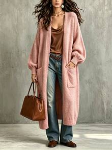 SHEIN Women's Knitted Cardigan Sweater Loose Mid-Length Commuter Daily Style Jacket Long Sleeve Open Front, Women's Outwear, Women's Long Jacket, Women's Casual Jacket, Pink Jacket, Fashion Casual Outfit, Business Office Wear, Versatile And Fashionable Daily Casual Clothing, Urban Teacher Professional Attire - Pink - View 4