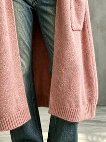 SHEIN Women's Knitted Cardigan Sweater Loose Mid-Length Commuter Daily Style Jacket Long Sleeve Open Front, Women's Outwear, Women's Long Jacket, Women's Casual Jacket, Pink Jacket, Fashion Casual Outfit, Business Office Wear, Versatile And Fashionable Daily Casual Clothing, Urban Teacher Professional Attire - Pink - View 7