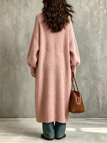 SHEIN Women's Knitted Cardigan Sweater Loose Mid-Length Commuter Daily Style Jacket Long Sleeve Open Front, Women's Outwear, Women's Long Jacket, Women's Casual Jacket, Pink Jacket, Fashion Casual Outfit, Business Office Wear, Versatile And Fashionable Daily Casual Clothing, Urban Teacher Professional Attire - Pink - View 3