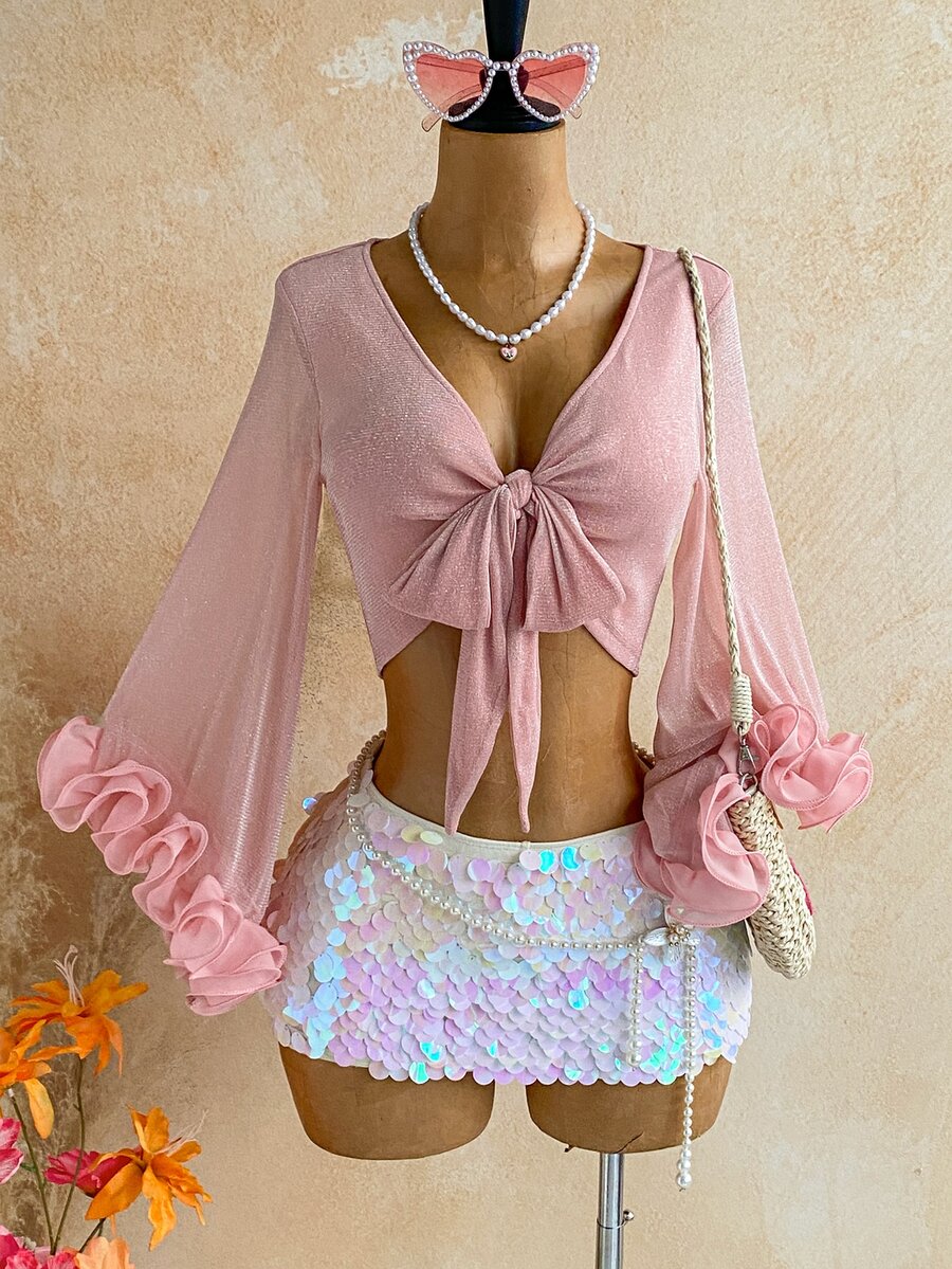 Soleia Casual Vacation Open Front Tie-Front Blouse With Bell Sleeves And Ruffle Cuffs,Going Out,Date,Homecoming,Party,Club,Beach,Festival,Vacation - Pink - View 1