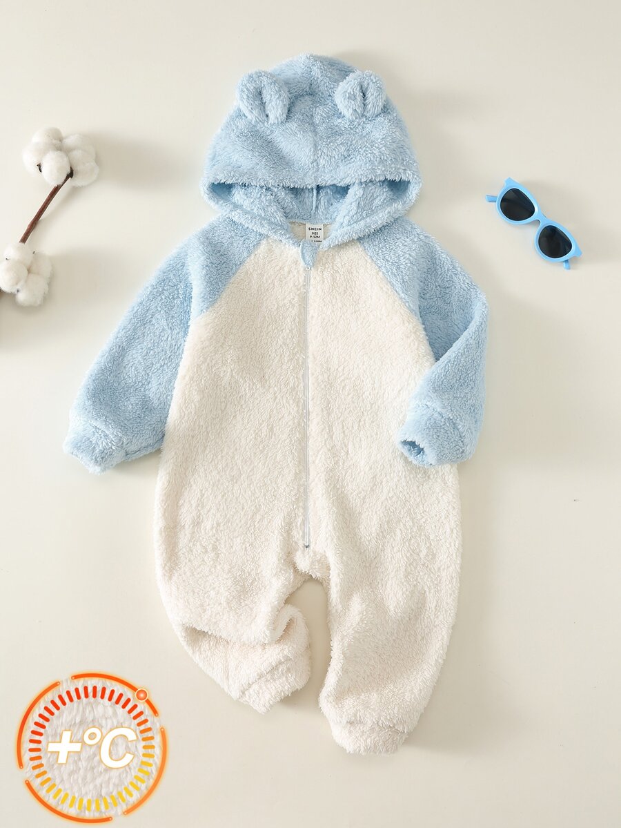 SHEIN 中性嬰兒男/女童秋冬保暖內裡加厚拼色拼接連帽毛絨連身衣,嬰兒冬季連身衣,萬聖節 - 藍色 - 查看 1