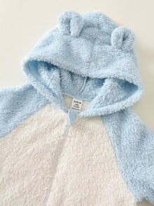 SHEIN 中性嬰兒男/女童秋冬保暖內裡加厚拼色拼接連帽毛絨連身衣，嬰兒冬季連身衣，萬聖節 - 藍色 - 查看 5