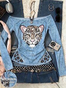 IslaSuriya Atasan Wanita Kasual Musim Gugur Motif Leopard Efek Denim - MultiWarna - View 1