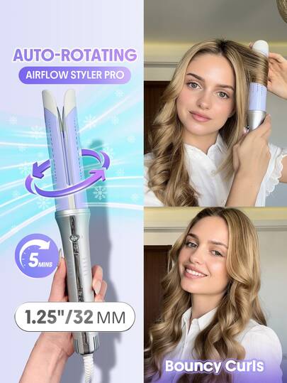 SHEGLAM HAIR One Touch Airflow Styler Pro-32mm Silver-Purple,Cool Air Auto-Rotating Curling Iron,5 Min Quick Styling,360° Cooling Airflow One Touch Operation Long-Lasting Results,5 Temps & Anti-Scald,Auto Off Dual Voltage For Medium-Length Hair & Long Hair & All Hair Types- US Plug Makeup Holiday Accerssories Pink Comb Autumn