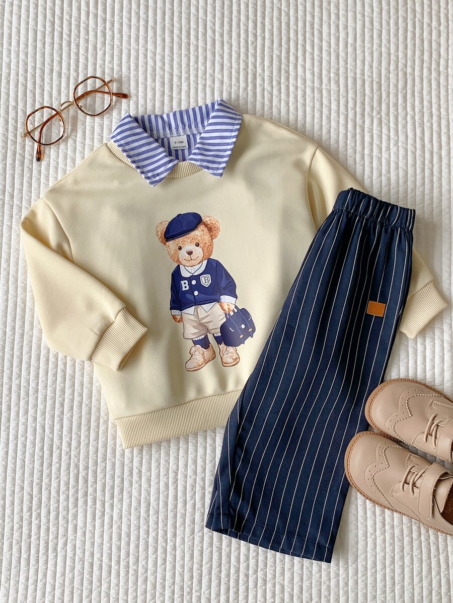 SHEIN Bộ 2 món cho bé trai nhỏ: áo nỉ chui đầu dệt kim mềm cổ tròn tay dài họa tiết gấu hoạt hình và quần dài lưng thun - Nhiều màu - Xem 1