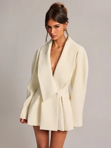 SHEIN BAE 女款純色休閒通勤西裝外套，婚禮賓客穿搭，正式場合，雞尾酒會 - 白色 - 查看 6