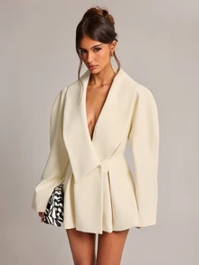 SHEIN BAE 女款純色休閒通勤西裝外套，婚禮賓客穿搭，正式場合，雞尾酒會 - 白色 - 查看 5