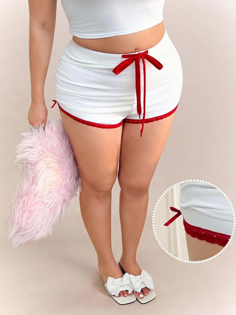 CovetEZ Plus Size White Casual Track Shorts Ruched With Red Tie Front And Striped Lace Trim - White - View 1