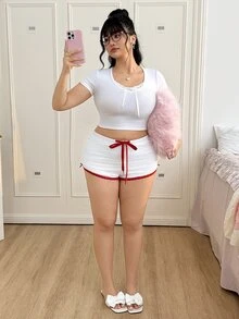 CovetEZ Plus Size White Casual Track Shorts Ruched With Red Tie Front And Striped Lace Trim - White - View 5