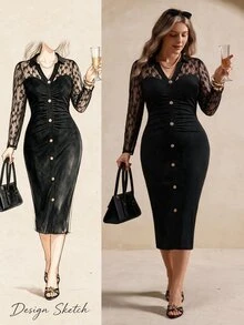 Elegantrix Plus Size Women's Autumn/Winter Elegant Date Party Gathering Commute Office Lace Patchwork V-Neck Lapel Front Button Ruched Waist Bodycon Dress Fall - Black - View 3