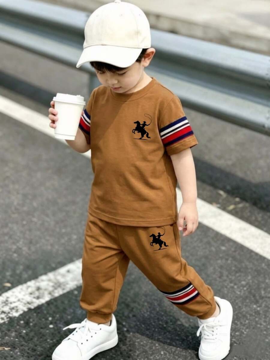 小男孩新款休閒舒適時尚 Logo 印花短袖長褲套裝,適合日常穿著、返校、戶外活動,白色 - 彩色 - 查看 1