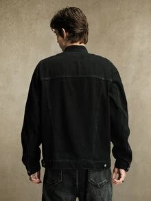 ROMWE MEN Jaket Denim Pria Warna Cool Washed, Kasual Serbaguna dengan Detail Rivet - Hitam - View 3