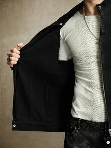 ROMWE MEN Jaket Denim Pria Warna Cool Washed, Kasual Serbaguna dengan Detail Rivet - Hitam - View 9