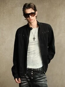 ROMWE MEN Jaket Denim Pria Warna Cool Washed, Kasual Serbaguna dengan Detail Rivet - Hitam - View 5