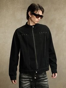 ROMWE MEN Jaket Denim Pria Warna Cool Washed, Kasual Serbaguna dengan Detail Rivet - Hitam - View 7