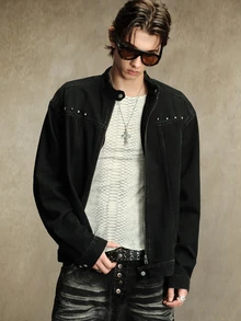 ROMWE MEN Jaket Denim Pria Warna Cool Washed, Kasual Serbaguna dengan Detail Rivet - Hitam - View 1