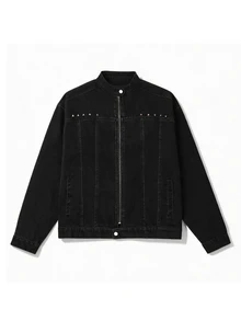 ROMWE MEN Jaket Denim Pria Warna Cool Washed, Kasual Serbaguna dengan Detail Rivet - Hitam - View 8
