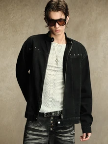 ROMWE MEN Jaket Denim Pria Warna Cool Washed, Kasual Serbaguna dengan Detail Rivet - Hitam - View 4