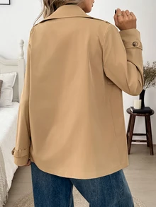 SHEIN LUNE 休閒優雅女款秋冬黑白豹紋風衣，適合辦公與日常穿著的秋季冬季服飾 - 卡其色 - 查看 4