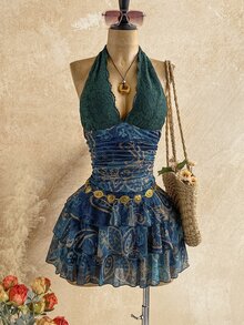 Soleia 秋冬復古斑馬紋領結V領抓褶網紗浪漫度假風女款短洋裝，夜店風 - 綠色 - 查看 9